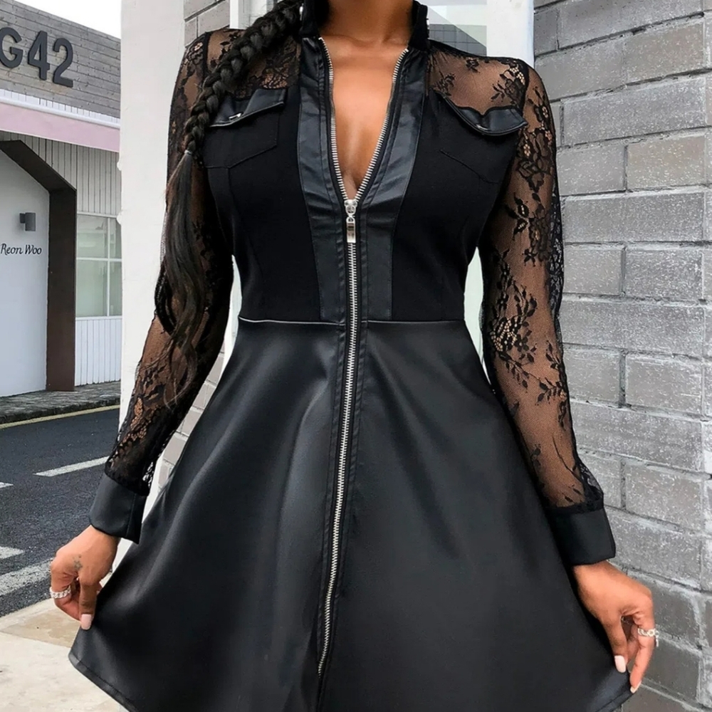 SOLD!!!Women's Sexy Zippered Leather & Lace Print Maxi, Mini Dress - Picture 3 of 5